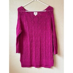 St Johns Bay Womens Magenta Pink Open Knit Pointelle Sweater L